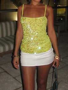 Women's Sleeveless Glitter Sequin Tank Tops Shimmer Vest Tops Glitter Camisole For Women - 黃色 - 查看 1