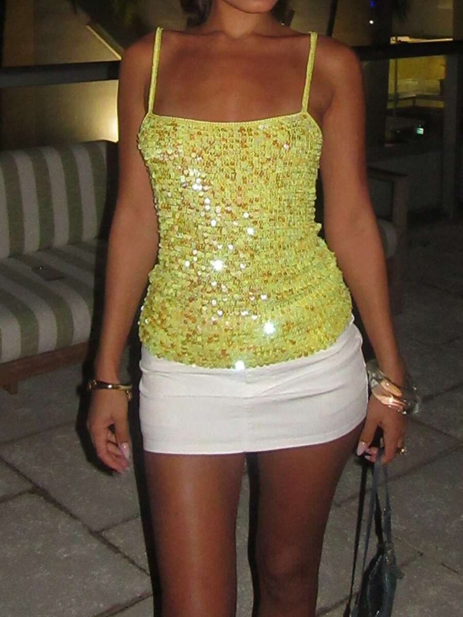 Women's Sleeveless Glitter Sequin Tank Tops Shimmer Vest Tops Glitter Camisole For Women - 黃色 - 查看 1