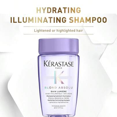Kérastase 80毫升 BLOND ABSOLU 亮泽保湿洗发水，蕴含透明质酸和雪花莲提取物，增强头发光泽，深层补水，令头发柔软轻盈，特别适合漂染或挑染过的头发。