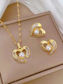 1pc Stainless Steel Chain & Teardrop Green Zirconia Micro-Paved Necklace, Earrings Jewelry Set, Lightweight Luxury Personalized Earrings & Necklace Combo. No Gift Box Included.