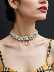 1pc Women Diamond Encrusted Choker Necklace, Formal Occasion Neck Choker Collar - Clear - View 2