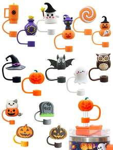 15PCS 10mm/0.4in Silicone Straw Toppers Cup Accessories For 30/40 Oz Tumbler With Handle, Love Shack Fancy Straw Cover For Cup, Cute 3D Halloween Straw Topper For Holiday, Reusable Straw Cover Cap For Cup
