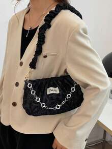 简约褶皱亮片纯色手提包，时尚亮片百搭单肩包，优雅褶皱云形手提包，搭配褶皱亮面 PU 皮革 - 黑色 - 查看 6