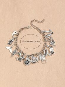 1pc Creative Multi-Element Necklace With Dolphins, Fish Tails, Crabs And Seashells, Faux Pearl Decor, For Women - Antique Silver - View 5