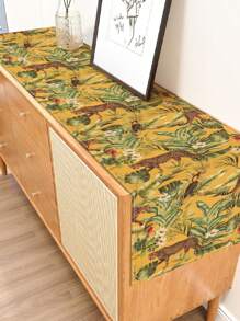 1pc Green Plant & Leopard Printed Table Runner, Suitable For Festivals, Parties, Birthdays, Dinners, Kitchen, Dining Room, Room Decor, Home Textile Decoration, All Seasons