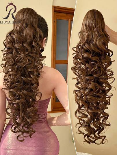 [Wavy Curly Ponytail Extension] 26 Inch Long Wavy Curly Brown Claw Shaped Ponytail Extension Hair Accessory - Heat-Resistant Fiber Synthetic Ponytail Wig - Suitable For Women's Daily Use