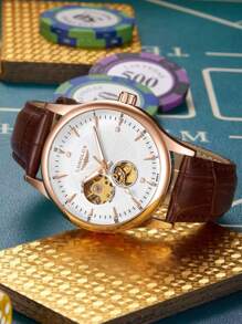 LONGLUX 1pc Men's Hollow Automatic Mechanical Watch With Leather Strap, Waterproof Casual Watch