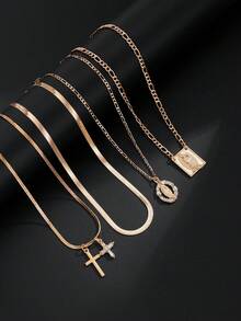 4pcs Vintage Chic Geometric Metal Cross Pendant Necklace Set, Multilayer Charm Necklaces For Men - Yellow Gold - View 9