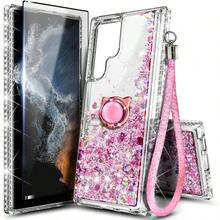 NGB Supremacy Compatible With Samsung Galaxy S24 Ultra Case With Tempered Glass Screen Protector Ring Holder Wrist Strap Girls Women Glitter Floating Liquid Cute Case Rose Gold - RoseGold - View 1