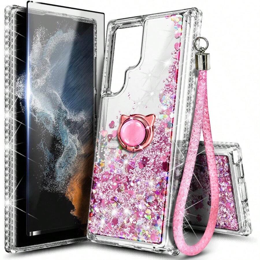 NGB Supremacy Compatible With Samsung Galaxy S24 Ultra Case With Tempered Glass Screen Protector Ring Holder Wrist Strap Girls Women Glitter Floating Liquid Cute Case Rose Gold - RoseGold - View 1