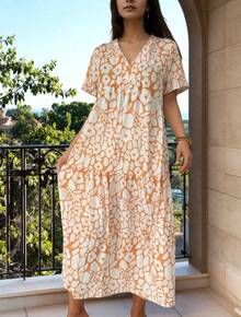 Vestido largo con cuello en V y estampado floral - Estilo bohemio chic effortless - Naranja - Ver 1