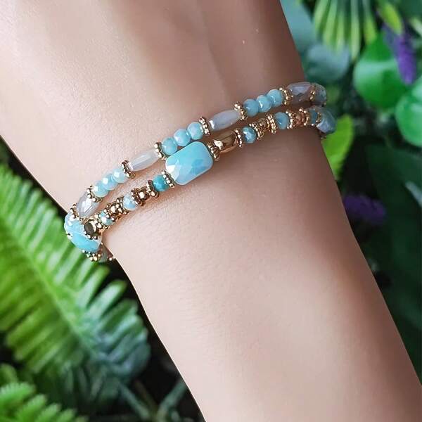 2 piezas Brazaletes con cuentas de vidrio rectangulares multifacéticos de estilo bohemio, de moda y minimalistas, adecuados como regalo para la novia y para uso diario