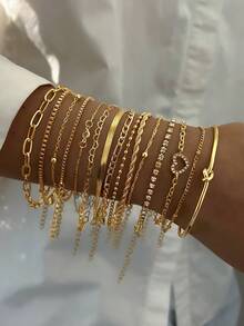 15-5 件复古优雅波西米亚风格金属多元素空心心形水晶飞机链编织链手链套装，Y2K 极简主义基本款多层堆叠手镯，男女皆宜，适合秋冬季、节日、派对、约会、万圣节、圣诞节、情人节、母亲节的礼物 - 金黃色 - 查看 8