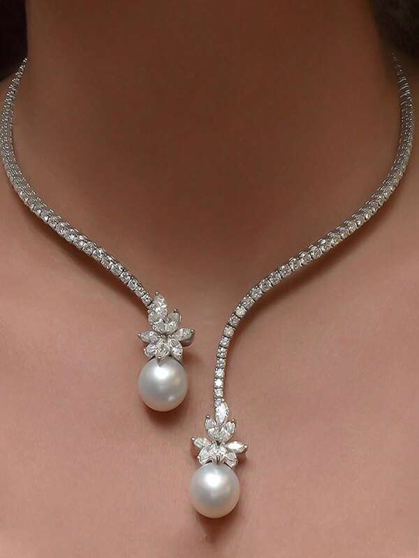1pc Bold Choker Necklace Set - CZ & Faux Pearl Layered Chain, Y2K Statement Jewelry