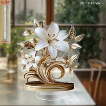 Decoración de sobremesa de lirio en flor plano 2D de acrílico, con diseño de hoja de oro y pistilos - Adecuada para decoración de estilo bohemio en sala de estar, oficina y dormitorio - Regalo perfecto para días festivos y cumpleaños - Gris Claro - Ver 3