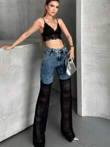 Solid Color Zipper & Button Pocket Denim Pants, For Stage Performance & Concerts - Blue - View 3