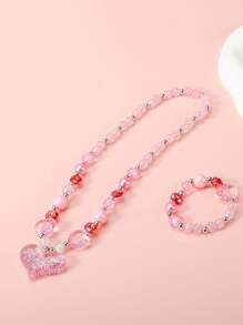 Set de 2 piezas de collar y pulsera con cuentas y colgante de corazón para niñas, elegante regalo para fiestas y uso diario de niñas
