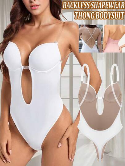 Backless Women U Plunge Thong Bodysuit Shapewear Ladies Sexy Deep V Push Up Bra Underwear Invisible Bras Tummy Control Body Shaper Built In Bra Low Back Adjustable Straps For Party Wedding Dress
