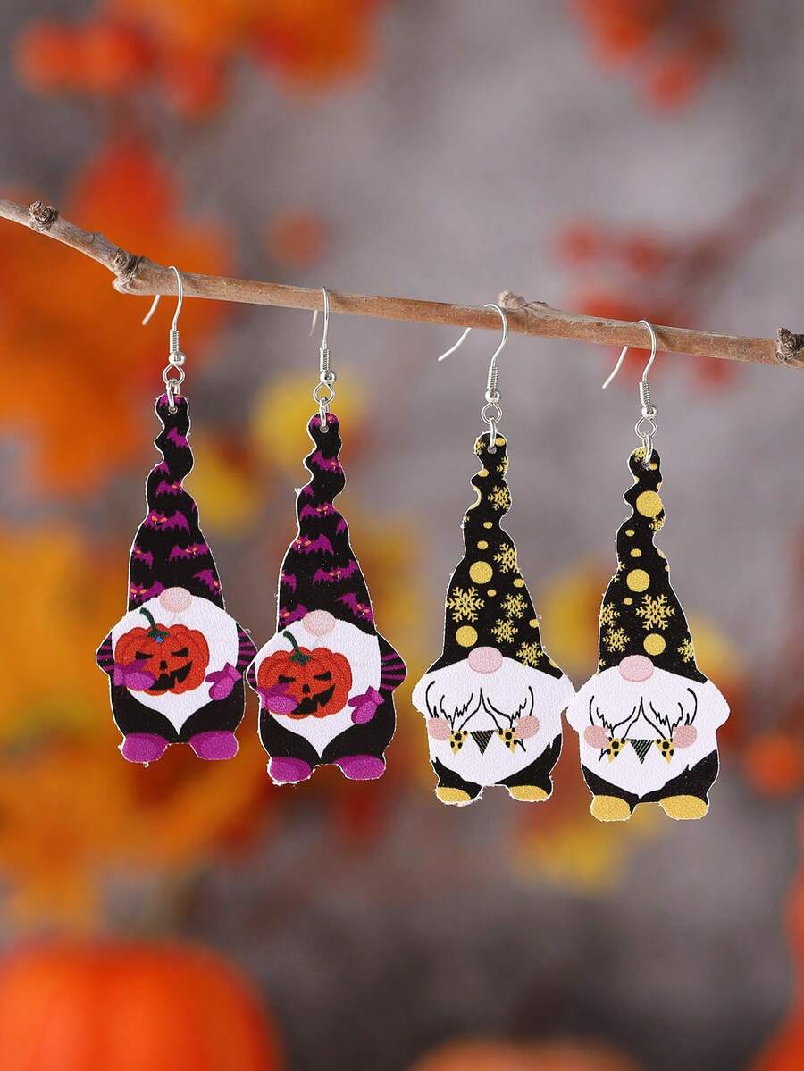 1 对可爱万圣节和冬季蝙蝠、南瓜、雪花、矮人吊坠耳环，适合女士，PU 皮革双面秋冬节日耳环礼物
