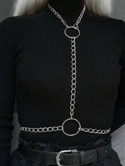 1 pieza Cadena de Body con anillo geométrico gótico plateado sexy para mujeres, adecuado para el uso diario