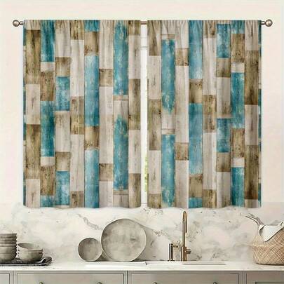 2 buc. Perdele în carouri boeme, stil rustic - poliester albastru, bej și alb, filtrare lumină, lavabile la mașină, potrivite pentru dormitor, living, decor bucătărie