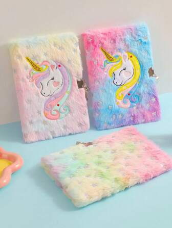 1 PC Kids' Lockable Unicorn Notebook - Fluffy Star-Printed Diary With Plush Cover, Ideal Gift For Birthdays & Holidays (Girls' Secret Journal)