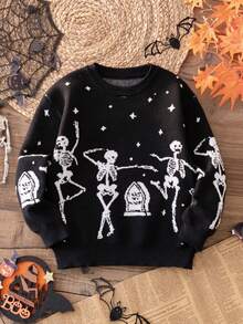 Boys' Halloween Skeleton Knitted Pullover Sweater, Suitable For Holiday, Spring, Autumn And Winter - Black - View 2