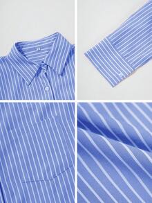 Look Polly Women's Valentine's Day Striped Long Sleeve Shirt, Single-Breasted Casual Fashion, Beach Style, Pocket Design, Back To School Outfit, Retro Beach Thanksgiving Christmas Shirt, Beach Fashion Women Blue Blouse Shirt - Sky Blue - View 11