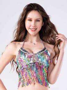 Costume da ballo del ventre con frange e paillettes, costume da cantante con schiena scoperta adatto per discoteca e bar