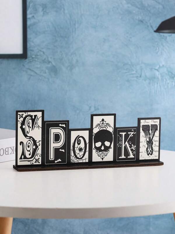 1 pieza Letra de madera en forma de calavera, tabla de madera artística y creativa en blanco y negro, decoración de Halloween, decoración de ambiente de fiesta, adorno de escritorio para el hogar