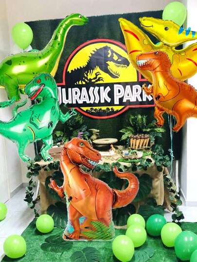 Set de 5 globos de aluminio con diseños de dinosaurios, incluye un gran globo de Tiranosaurio Rex, cinta para globos, globos de Triceratops y Pteranodon, adecuados para decoración de fiesta de cumpleaños con temática de dinosaurios, suministros de temática de dinosaurios de la selva para niños, decoración para fiesta con tema Jurásico