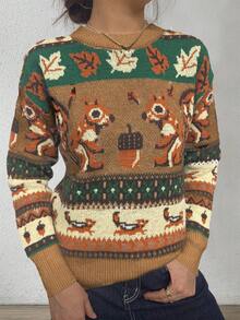 冬季时尚休闲女士圆领松鼠针织情侣套头衫 - 卡其色 - 查看 3