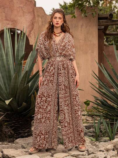 Faeriesty BohoBloom 波西米亚风女士连体裤：V领、短袖、露背、阔腿设计 | 完美适用于海滩度假、周末早午餐、农贸市场漫步、休闲居家穿着、乡村徒步