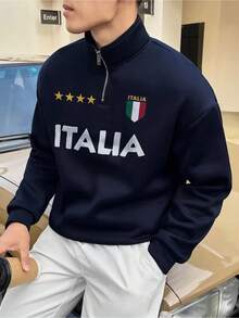 Men's Fashion Colorblock Italian Letter Print Long Sleeve Half-Placket Stand Collar Sweatshirt , Decorated With Letter & Star, Fall