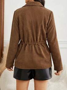 Women's Solid Color Long Sleeve Drawstring Waist Cargo Pocket Casual Jacket - Brown - View 2