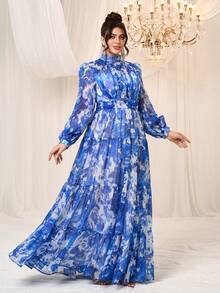 YISIKADO 大码女式雪纺连衣裙扎染长袖优雅长裙婚礼节日茶会度假毕业婚礼宾客 - 彩色 - 查看 4