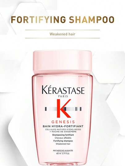 Kérastase Champú fortificante GENESIS de 80 ml para cabello debilitado. Bain Hydra-Fortifiant con raíz de jengibre y dipéptidos. Controla la grasa, reduce la caspa, aporta volumen y brillo. Suave y sin enredos. Aroma floral y frutal. Ideal para uso diario en cabello dañado.