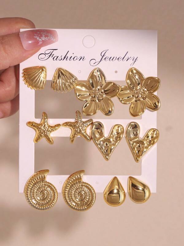 Set de 6 pares de aretes con forma de concha dorada, concha marina, estrella de mar, flor de 5 pétalos, corazón y gota de agua, adecuados para el uso diario de las mujeres