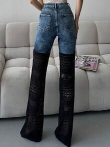 Solid Color Zipper & Button Pocket Denim Pants, For Stage Performance & Concerts - Blue - View 4