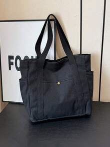 1 pieza Bolso de lona de gran capacidad, bolso de hombro con múltiples bolsillos, adecuado para la escuela, el trabajo, los viajes, las compras, diseño portátil con portavasos, bolso para ir y venir - Negro - Ver 3