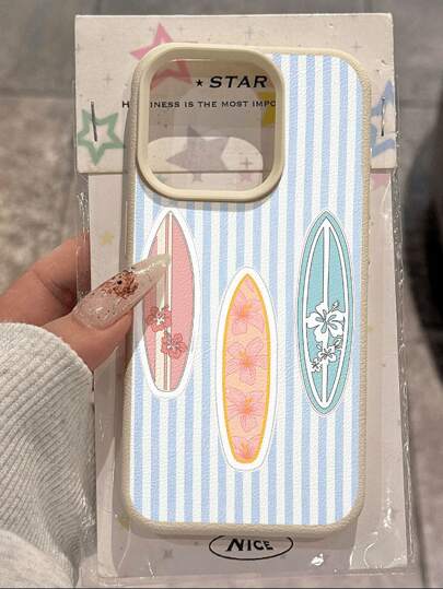 1pc Summer Limited Edition 3 Surfboards Blue Striped Litchi Texture Soft TPU Waterproof Anti-Fall Anti-Slip Phone Case Compatible With Apple// Phones