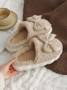 女士蝴蝶结毛绒拖鞋，2025新款秋冬室内保暖防滑拖鞋，厚底家居鞋，白色和卡其色 - 卡其色 - 查看 6