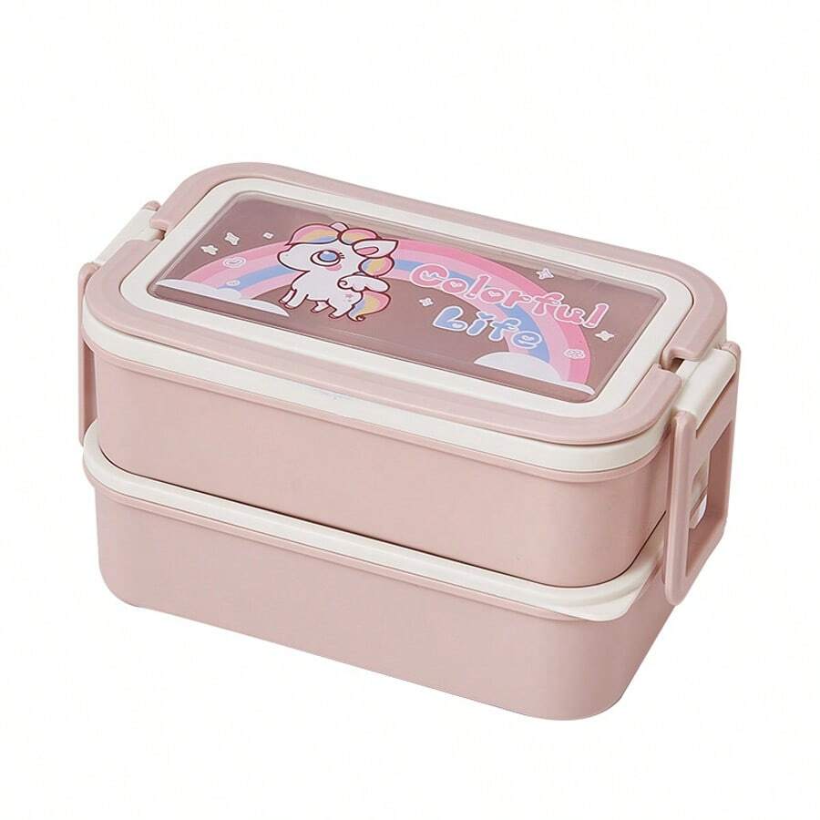 Tupperware Doble Capa Creativa con Cubiertos, Estilo Cartoon, Rectangular, Fácil de Llevar, para Almuerzo, Gran Capacidad
