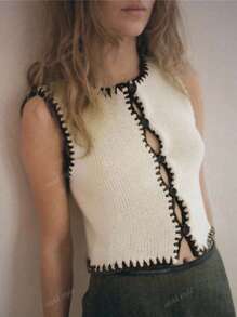 Vivid Style Women's Simple Crew Neck Niche Short Knit Cardigan Sweater Vest Vest, Handmade Sewn Edge Design, Back To School Clothes, Cute Tops Women