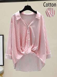 女式休闲度假条纹拼布棉质下摆卷边袖口前短后长款长袖衬衫，春夏