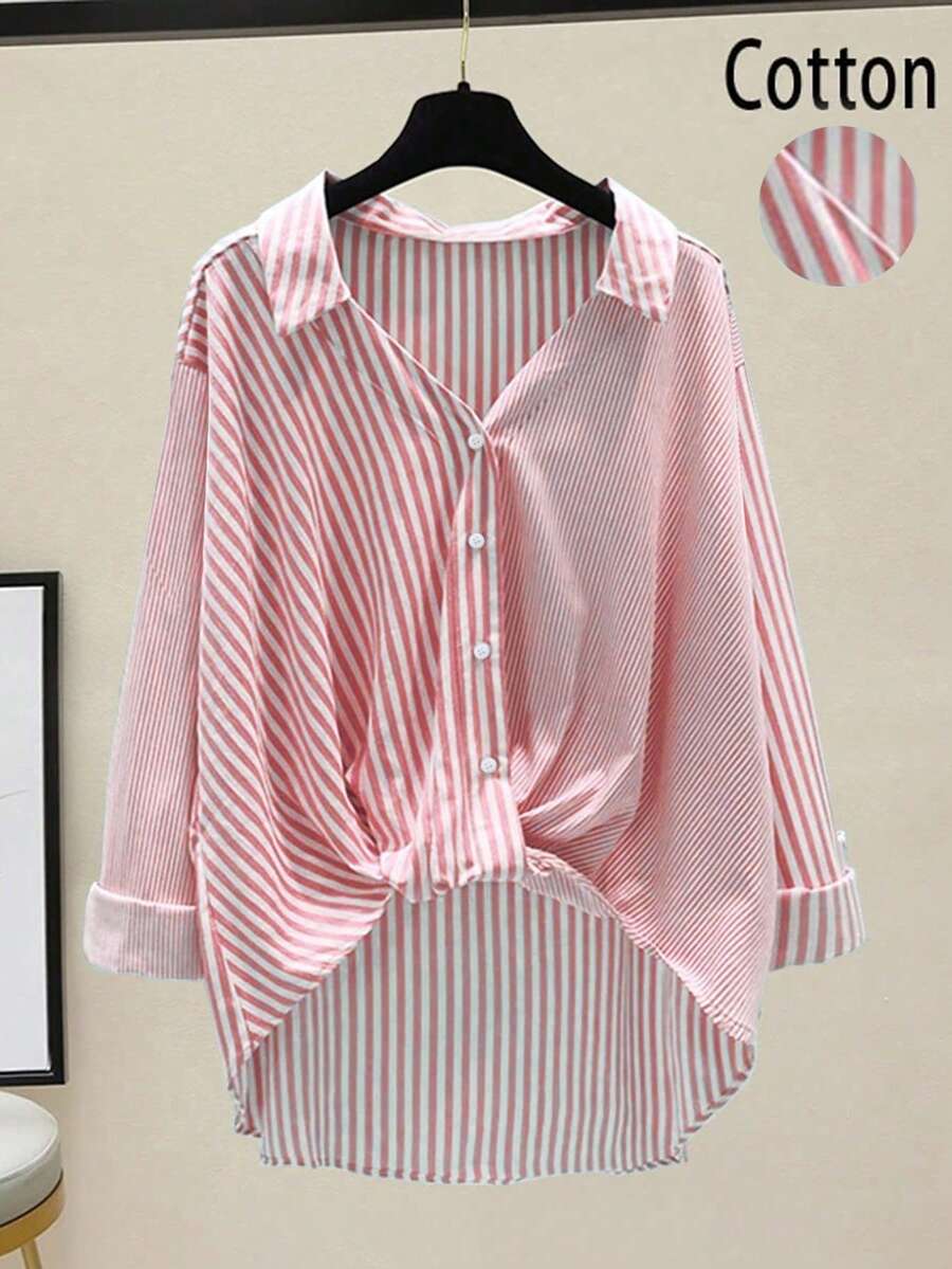 女式休闲度假条纹拼布棉质下摆卷边袖口前短后长款长袖衬衫，春夏