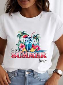 Ladies' T-Shirt, Summer Women's Fun Summer Vacation Printed T-Shirt, Available In Black/White, Casual Round Neck T-Shirt, Suitable For Summer Vacation Top.