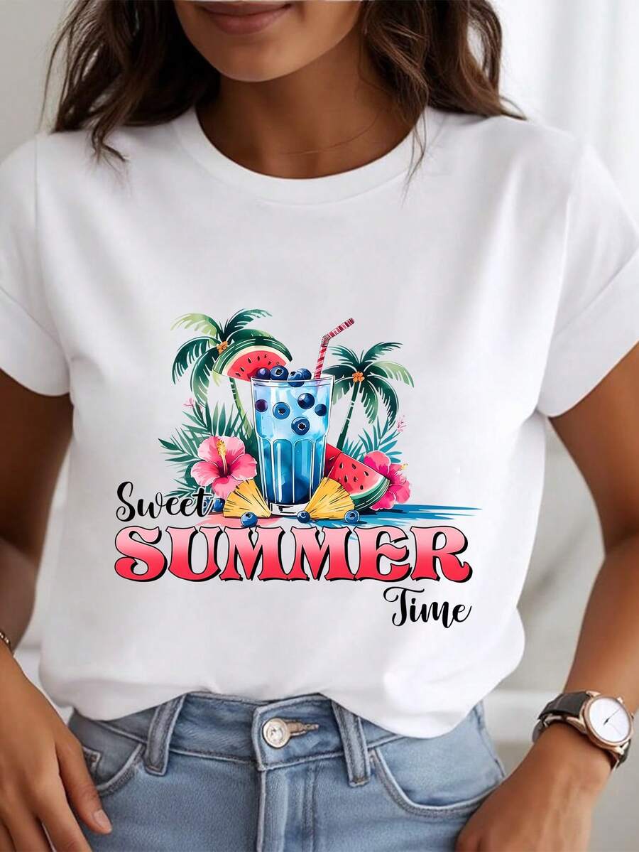 Ladies' T-Shirt, Summer Women's Fun Summer Vacation Printed T-Shirt, Available In Black/White, Casual Round Neck T-Shirt, Suitable For Summer Vacation Top.