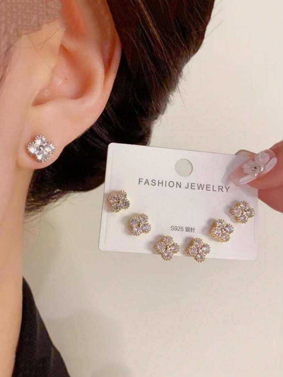 3 对奢华 925 银四叶草耳钉，微镶嵌方晶锆石，适合女性日常佩戴珠宝礼物 - 金色 - 查看 1