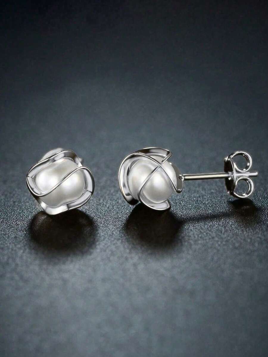 1 Pair Of Faux Pearl Earrings For Women, Suitable For Daily Wear - Silver - View 1
